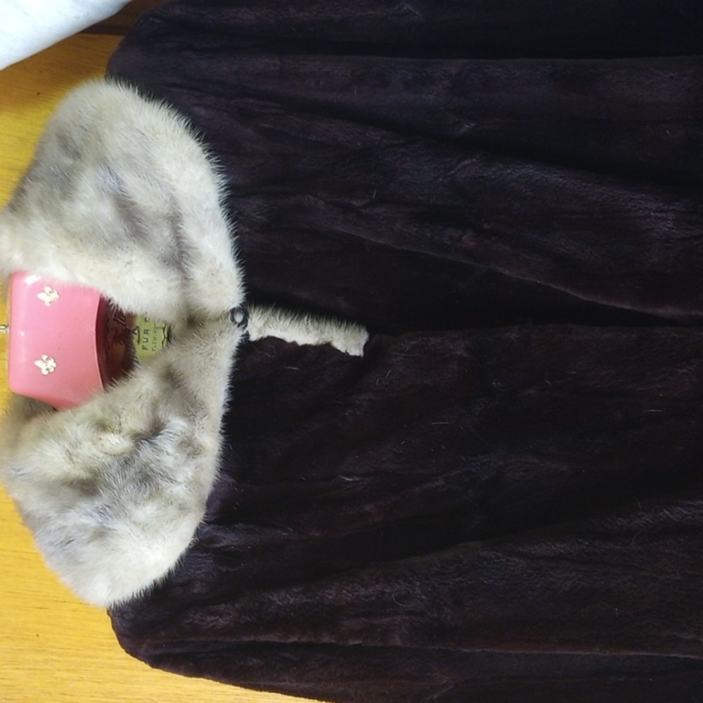 Flemington Fur chocolate brown fur coat with tan mink collar, satin lining